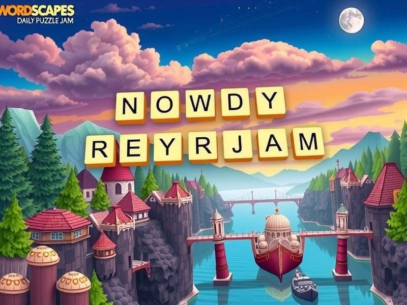 Wordscapes Daily Puzzle Jam gameplay screenshot showing a vibrant puzzle grid with nature-themed background