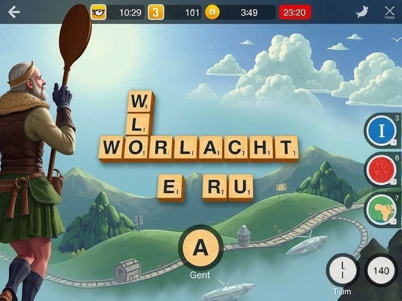 Wordscapes gameplay showing a lush nature-themed word puzzle grid with letters and solutions